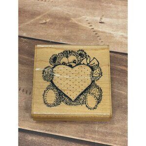 1994 ANNETTE ALLEN WATKINS F504 TEDDY BEAR WITH HEART WOOD MOUNTED RUBBER STAMP